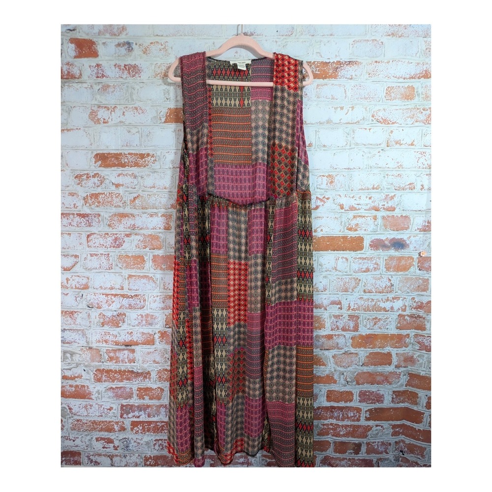 Sans Souci Duster Vest Womens L Multicolor Patchwork Geometric Boho Sleeveless‎